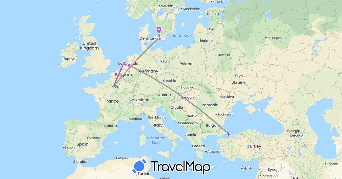 TravelMap itinerary: driving, bus, plane, train in Denmark, France, Netherlands, Sweden, Turkey (Asia, Europe)